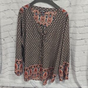 Time To Bloom Multicolored  Tie Front Long  Sleeve 3X Blouse